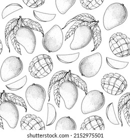 Mango Fruchtskizze nahtloses Muster. Handgezeichnetes Verpackungsdesign. Vektorgrafik. Mango-Illustration. Kann für Verpackungsdesign verwendet werden.