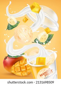 Frutos de mango con tajada y leche salpicada aislados en un fondo de color sólido. Vector realista en ilustración 3D. El embalaje se burla.