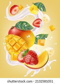 Mango fruit with slice and milk splashing isolated on solid color background. Realistic vector in 3D illustration. Packaging mock up.