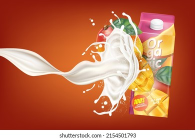 Mango-Früchte mit Scheiben und Milchspritzen einzeln auf festem Hintergrund. Realistische Vektorgrafik in 3D-Illustration. Packaging Mock up. Konzepte für Essen und Trinken.