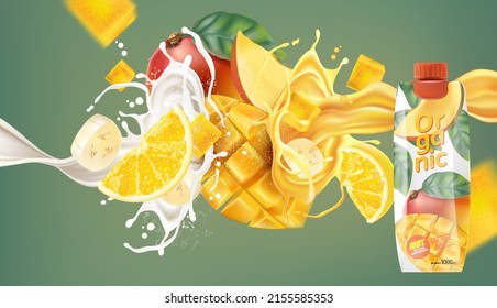 Mango fruit slice with milk splashing isolated on solid color background. Realistic vector in 3D illustration. Packaging mock up. Food and drink concepts.