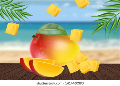 Mango fruit sliced on tropic background Vector realistic. Seaside view. Detailed elements design. 3d illustration