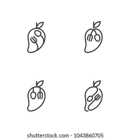 Mango fruit with spoon and fork icons outline stroke set design illustration black and white color isolated on white background, vector eps10