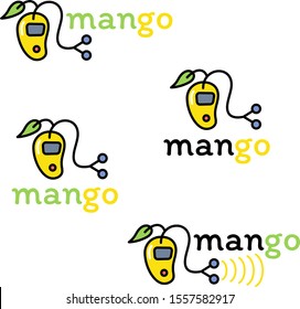 Mango fruit stylized as a modern gadget with headphones. It is made in the form of a logo.