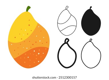 Mango fruit symbol cartoon set. Juicy whole ripe yellow mango or linear doodle icon. Abstract tropical flat hand drawn fruit. Sign stylized simple linear or silhouette art. Vector trendy illustration