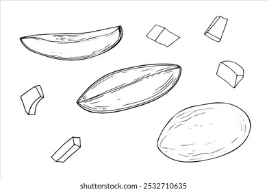 Projeto de tinta preta e branca com arte vetorial de manga. Fatias de frutas em diferentes formas monocromáticas desenhadas à mão plana. Elementos alimentares para decoração saudável de sobremesa ou bebida, livro de colorir.