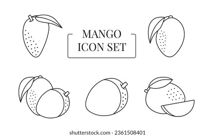 fruta de mango entera y media, cortada en rodajas, conjunto de iconos de línea en vector