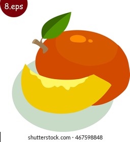 Mango fruit whole, slice and leaves closeup isolated. Cartoon vector icon  in flat style 