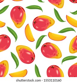 Mango fruit whole and slices seamless pattern on a white background. Vector illustration of exotic, tropical fruit in cartoon simple flat style.