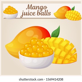 Mango fruit and yellow juice balls for making bubble tea beverage. Vector icon of mango and popping pearls in a white bowk for cold fuit tea coctail. Cartoon food illustration