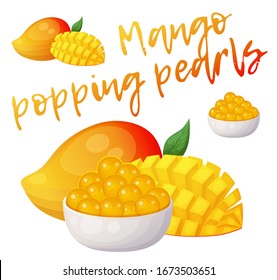 Mango fruit and yellow juice balls isolated on white background for making bubble tea beverage. Vector icon of mango and popping pearls in a white bowk for cold fuit tea coctail