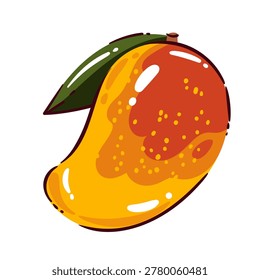 Mango fruit with yellow orange skin, red blush, green leaf, speckled texture and glossy highlights. Thai tropical food detail with mango fruit, cartoon vector illustration.