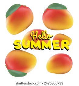 Mango fruits. Hello summer illustration. Mango 3D icon. Sweet tropic fruit. 3D realistic isolated vector. Editable handmade mesh. Yellow flat inscription