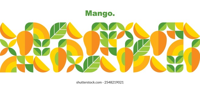 Manga. Frutas, folhas e fatias.Design geométrico abstrato.Conjunto de ícones em estilo plano simples.Elementos isolados em um fundo branco.Padrão contínuo e border.Organic food.Vetor ilustração.