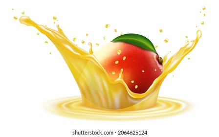 Mango fruits with leaves in splashes of juice with drops, 3d realistic vector illustration isolated on white background