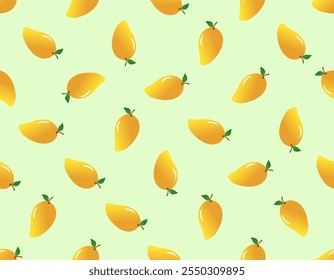 Mango fruits seamless pattern doodle design with gradient orange and yellow on light green background vector illustration. 