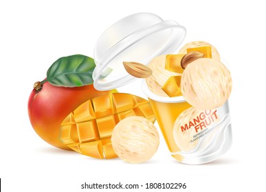 Mango fruits with slice and green leaf isolated on white background. Realistic vector in 3D illustration.