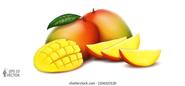 Mango-Früchte mit Mango-Scheibe auf weißem Hintergrund.