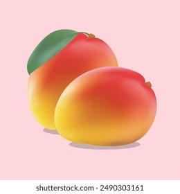 Frutas de mango. Dulce fruta tropical. Icono de mango 3D sobre fondo rosa con sombra. Vector aislado 3D realista. Malla hecha a mano editable. 