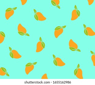 Mango fruits Vector Repeat seamless shape pattern on blue tropical color backgorund. Great for fabric, packaging, wallpaper, invitations. Summer colorful tropical textile print.