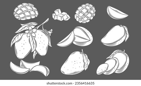 Mango glyph icons set vector illustration. White stamps of sweet tropical fruit collection isolated on black, whole mango cut into half and parts, round and cubic slices, tree branch with flowers