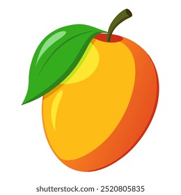 A mango with a green leaf rests on a clean white background