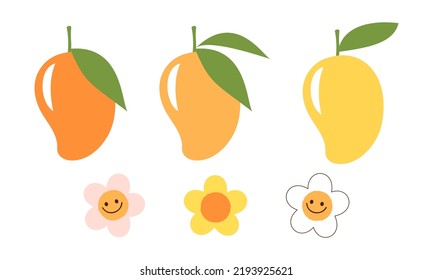 Mango with green leaves and flower cartoons isolated on white background vector illustration.