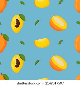 Mango with green leaves seamless pattern. Flat vector illustration.