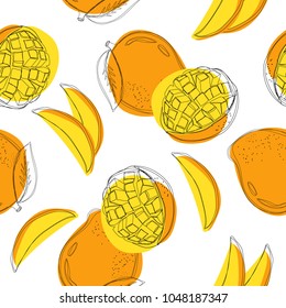 Mango hand drawn seamless pattern on white background, continuous line drawing