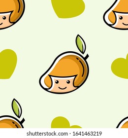 Mango. Healthy Food concept. Emoji Emoticon. Characters for kids coloring book, t-shirt, icon, logo, label, sticker. Vector seamless pattern for textile, print, fabric,backdrop,wallpaper, background.
