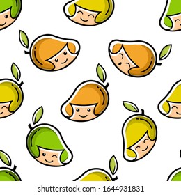 Mango. Healthy Food concept. Emoji Emoticon. Characters for kids coloring book, t-shirt, icon, logo, label, sticker. Vector seamless pattern for textile, print, fabric,backdrop,wallpaper, background.