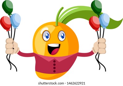 Mango holding balloons, illustration, vector on white background.