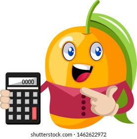 Mango holding calculator, illustration, vector on white background.