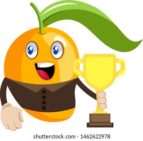 Mango holding trophy, illustration, vector on white background.