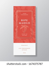 Mango Home Fragrance Abstract Vector Label Template. Hand Drawn Sketch Flowers, Leaves Background and Retro Typography. Premium Room Perfume Packaging Design Layout. Realistic Mockup. Isolated.