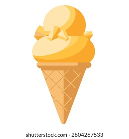 Mango Ice Cream Cone Vector Illustration with Fruit Pieces