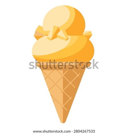 Mango Ice Cream Cone Vector Illustration with Fruit Pieces