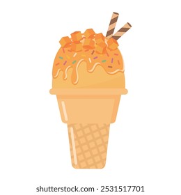 Mango ice cream cone with wafer rolls vector illustration. Fresh fruit and sweet dessert.