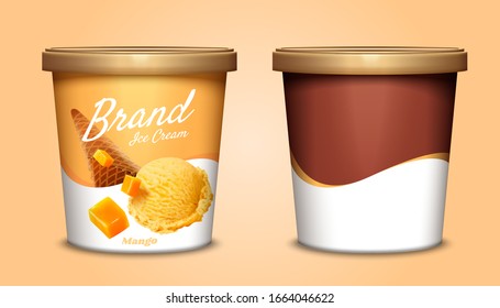 Mango ice cream cup container package design in 3d illustration