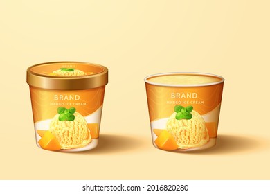 Mango ice cream cup package design in 3d illustration, one with lid and the other without lid on orange background