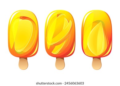 Mango ice cream, fruit popsicle on a wooden stick with mango pieces. Summer cold dessert, frozen juice, fruit ice. Vector illustration.