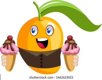 Mango with ice cream, illustration, vector on white background.