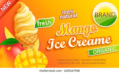 Mango Ice cream logo label, emblem, sticker with slice fruit and fresh organic sundae in cone in cartoon style for your design.Template for banner,poster,brand,packaging,packing. Vector illustration.