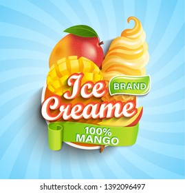 Mango Ice cream logo on sunburst background with fruit and sundae in cone in cartoon style for your design.Gelato for banner,poster,brand,template and label,packaging,packing, emblem. Vector.