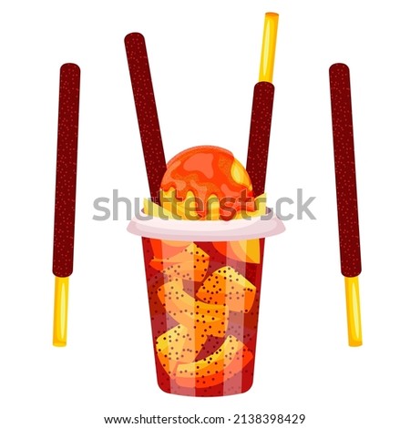 Mango ice cream with Mexican chilly powder isolated on white background cartoon vector illustration. Mexican Mangonada Drink dessert with peppers.