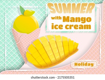 Mango ice cream on banner background Paper cut vector. summer dessert menu with the freshness of mango pulp You can apply it in additional designs to your work.