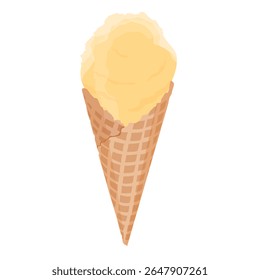 Colher de sorvete de manga com um cone de waffle crocante isolado no fundo branco. Sorvete delicioso. Ícone de sobremesa de verão saboroso para menu, embalagem ou design de alimentos. Ilustração vetorial