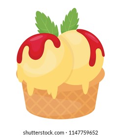 
Mango ice cream scoops with strawberry syrup in cup cone 
