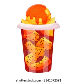 Mango Ice Cream Sorbet With Syrup Isolated On White Background Cartoon Vector Illustration.