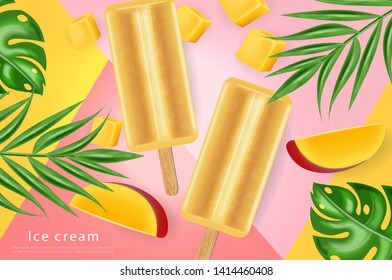 Mango ice cream Vector realistic. Fresh delicious iace cream dessert on a stick. Abstract background. Detailed elements. 3d illustration